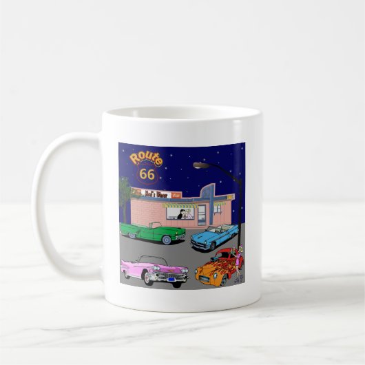 Fünfzigerjahre Restaurant-Weg 66 und Vintage Autos Kaffeetasse (Links)