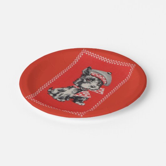 Fünfzigerjahre Scottiehund im Rot Pappteller (Schrägansicht)