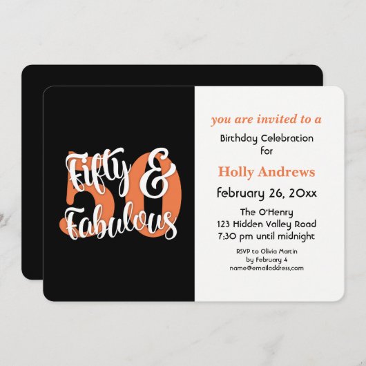 Fünfzigjährige und Fabulous-Orange-Typografie Gebu Einladung (Vorne/Hinten)