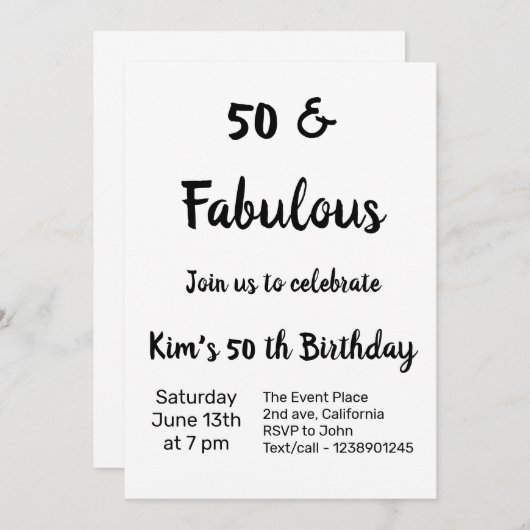 FÜNFZIGSTE 50. GEBURTSTAG EINFACHE PARTY EINLADUNG (Vorne/Hinten)