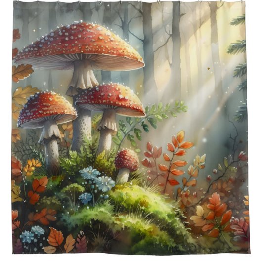 Fungi Amanita Mushroom Morning Forest Foliage Duschvorhang (Vorderseite)