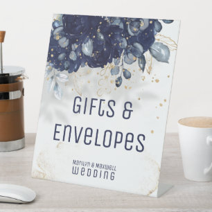 Funkelblaue Geschenke und Umschlagkarten Sockelschild