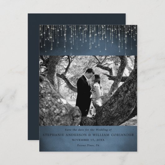Funkelleuchten Navy Blue Foto Save the Date Einladung (Vorne/Hinten)