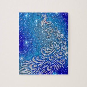 Funkeln blauer u. weißer Pfau Puzzle