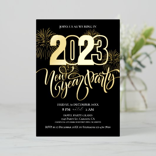 Funkeln, Feuerwerk und elegantes Neujahrsfest-Part Folieneinladung (Stehend vorne)