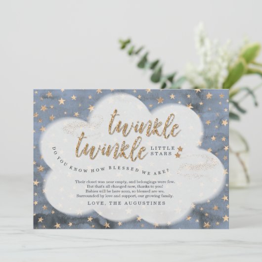 Funkeln-Funkeln-Stern-Zwillings-Jungen-Babyparty Dankeskarte (Stehend Vorderseite)