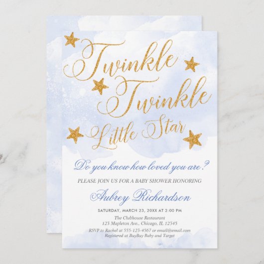 Funkeln-Funkeln-Sternjungen-Blau-Babyparty Einladung (Vorne/Hinten)