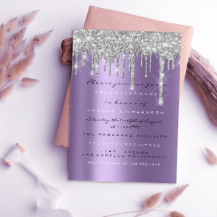 Funkeln Glitter Tropfen Silber Lila Grau  Braut 16 Einladung