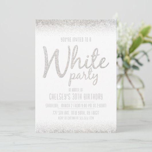 Funkeln, Glitzer Weiße Party Einladungen (Stehend Vorderseite)