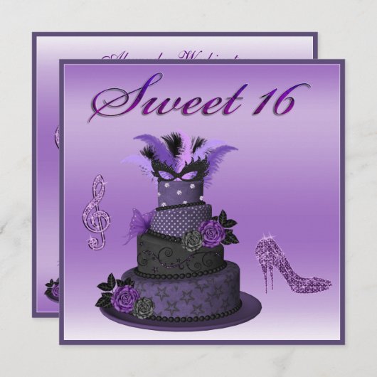 Funkeln lila Diva-Kuchen des Bonbon-16, hoher Einladung (Vorne/Hinten)