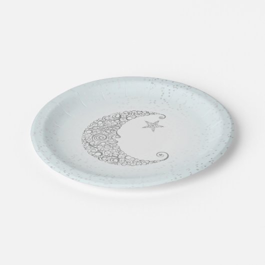 Funkeln-Stern-Silber-Mond-Blau Pappteller (Schrägansicht)