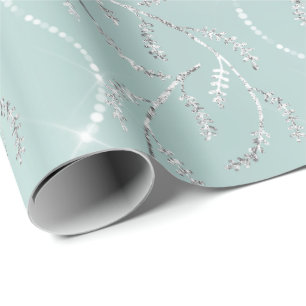 Funkelnd Aqua Ocean Laurel Floral Silver Diamonds Geschenkpapier