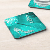 Funkelnd aquamarine Musiknote u. Stilett-Ferse Getränkeuntersetzer (Linke Seite)