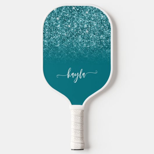 Funkelnd Aquamariner Glitzer Ombre Modernes Skript Pickleball Schläger (Vorderseite)