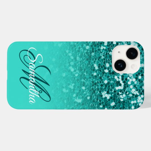 Funkelnd Aquamariner Glitzer Türkis Ombre Monogram Case-Mate iPhone Hülle (Rückseite (Horizontal))
