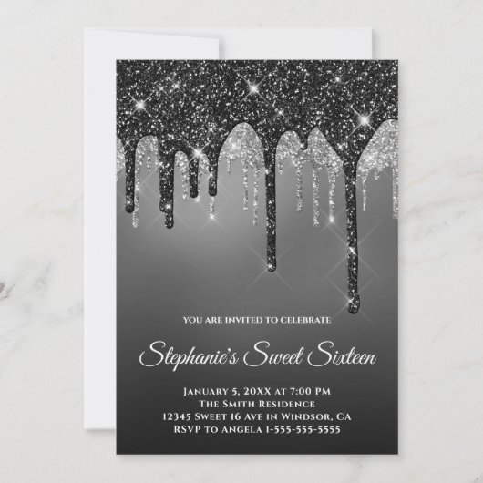 Funkelnd Black Silver Glitzer Gray Ombre Sweet 16 Einladung (Vorderseite)