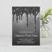 Funkelnd Black Silver Glitzer Gray Ombre Sweet 16 Einladung (Stehend Vorderseite)