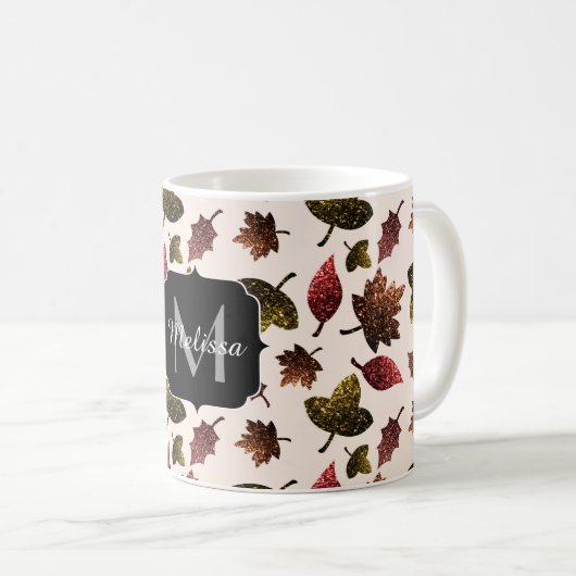 Funkelnd Blätter fallen Herbst Glitzern Monogramm Kaffeetasse (VorderseiteRechts)