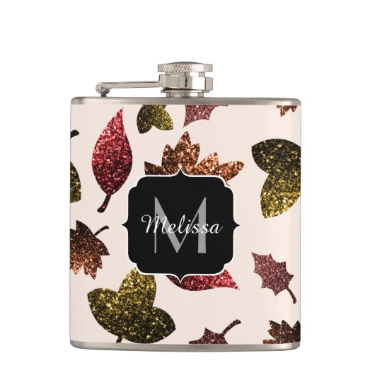 Funkelnd Blätter fallen Herbstmuster Monogramm Flachmann (Vorderseite)