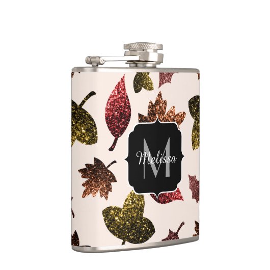 Funkelnd Blätter fallen Herbstmuster Monogramm Flachmann (Rechts)