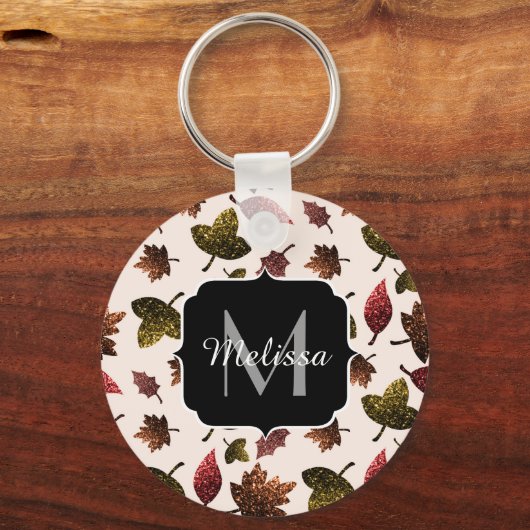 Funkelnd Blätter fallen Herbstmuster Monogramm Schlüsselanhänger (Rückseite)