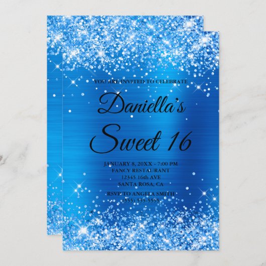 Funkelnd blauer Glitzer und geblasenes Süß 16 Einladung (Vorne/Hinten)