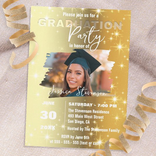 Funkelnd Chic Gold Metallic Foto Graduation Party Einladung