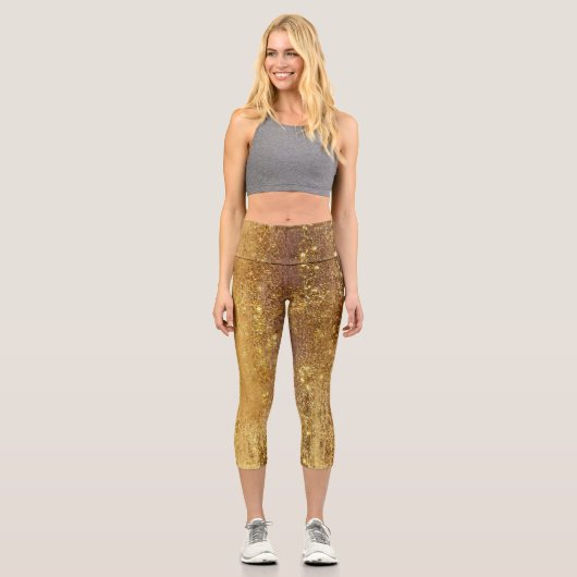 Funkelnd Deep Gold Girly Glam Disco Party Capri Leggings (Vorderseite)