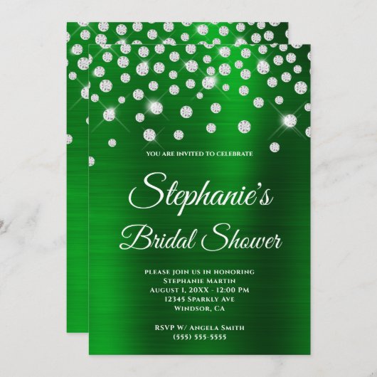 Funkelnd Diamond Emerald Satin Foil Brautparty Einladung (Vorne/Hinten)