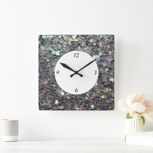 Funkelnd farbiges Silbermosaik mit Zahlen Quadratische Wanduhr (Zuhause)