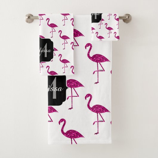 Funkelnd Flamingo Rosa Glitzer Glitzern Monogramm Badhandtuch Set (Insitu)