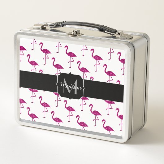 Funkelnd Flamingo Rosa Glitzer Glitzern Monogramm Metall Brotdose (Vorderseite)