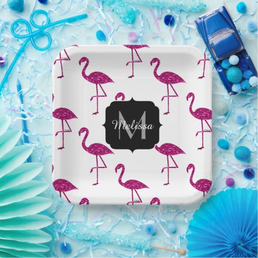 Funkelnd Flamingo Rosa Glitzer Glitzern Monogramm Pappteller (Party)