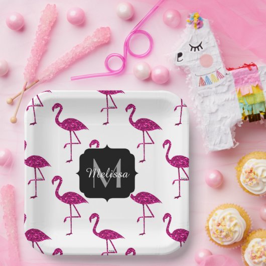 Funkelnd Flamingo Rosa Glitzer Glitzern Monogramm Pappteller (Party)