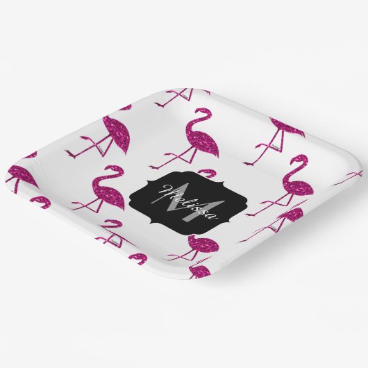 Funkelnd Flamingo Rosa Glitzer Glitzern Monogramm Pappteller (Gewinkelt)