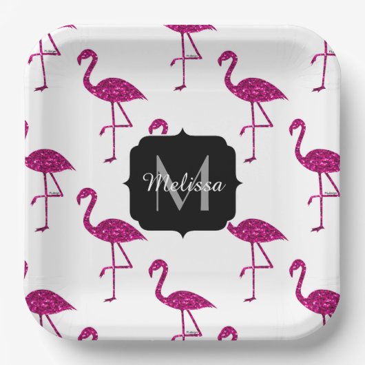 Funkelnd Flamingo Rosa Glitzer Glitzern Monogramm Pappteller (Vorderseite)
