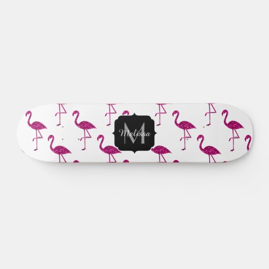 Funkelnd Flamingo Rosa Glitzern Monogramm Skateboard (Horizontal)