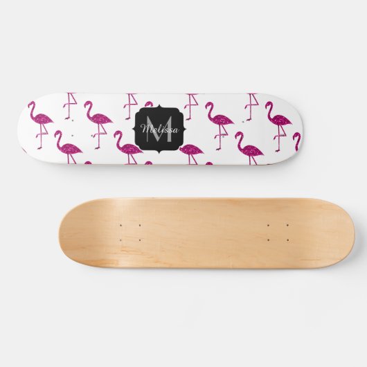 Funkelnd Flamingo Rosa Glitzern Monogramm Skateboard (Horizontal)