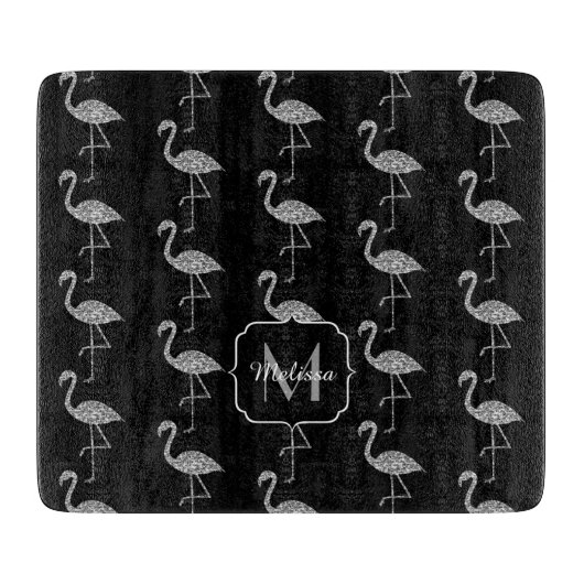 Funkelnd Flamingo Silver Glitzer Monogram Schneidebrett (Vorderseite)