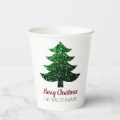 Funkelnd Frohe Weihnachtsbaumgrün Familienname Pappbecher (Rückseite)