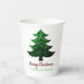 Funkelnd Frohe Weihnachtsbaumgrün Familienname Pappbecher (Vorderseite)
