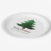 Funkelnd Frohe Weihnachtsbaumgrün Familienname Pappteller (Schrägansicht)