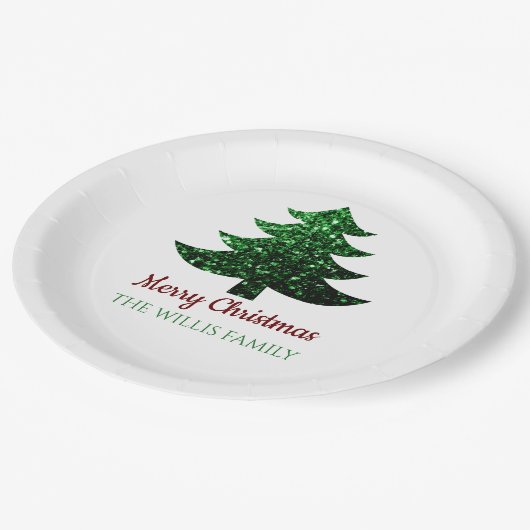 Funkelnd Frohe Weihnachtsbaumgrün Familienname Pappteller (Schrägansicht)