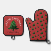 Funkelnd froher Weihnachtsbaum Individuelle Name Ofenhandschuh & Topflappen-Set (Vorderseite)