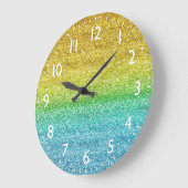 Funkelnd gelber und blauer Glitzer Große Wanduhr (Winkel)
