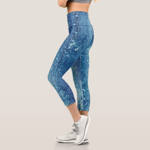 Funkelnd Girly Glam Blue Ice Disco Party Capri Leggings