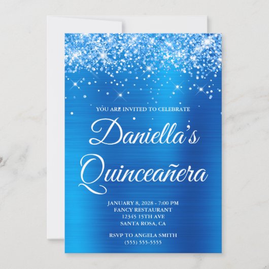 Funkelnd Glittery Bright Blue Foil Quinceañera Einladung (Vorderseite)