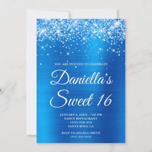 Funkelnd Glittery Bright Blue Foil Sweet 16 Einladung (Vorderseite)