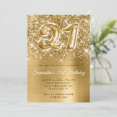 Funkelnd Glittery Gold Ballon 21. Geburtstag Einladung (Stehend Vorderseite)