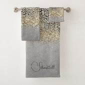 Funkelnd Glittery Gold Leopard Personalisiert Badhandtuch Set (Insitu)